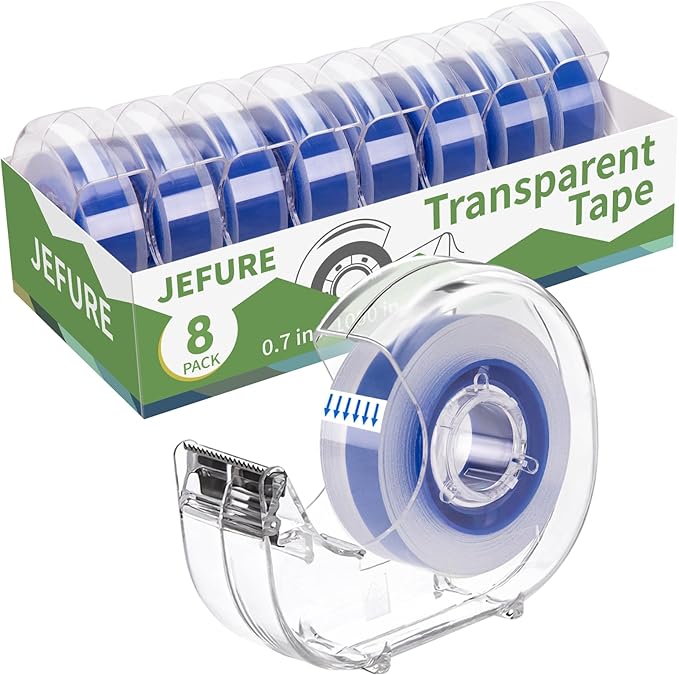 8 Pcs Transparent Tape with Dispenser, 0.7 x 1000 in Blue Core Clear Tape Rolls by JEFURE