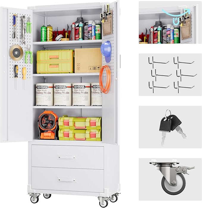 Garage Storage Cabinet with 2 Drawers and Pegboard, Metal Storage Cabinet with by REEMOON