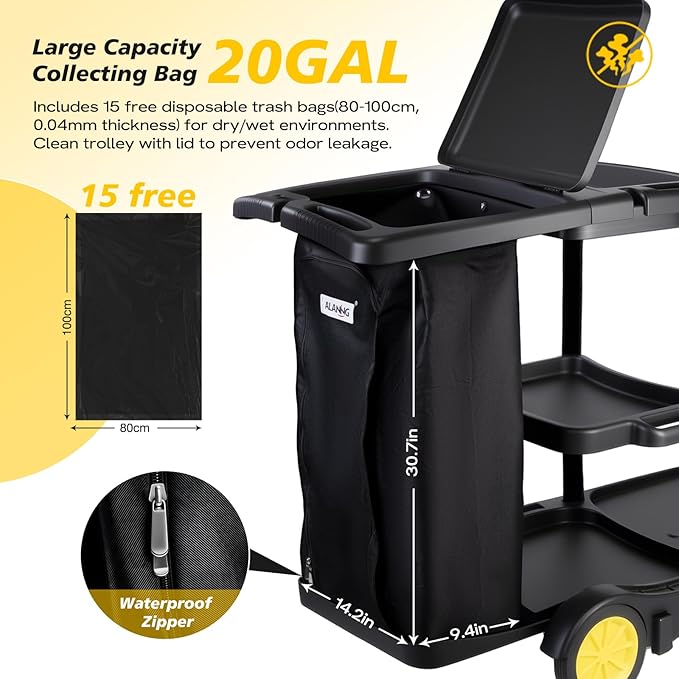 ALANNG Cleaning Cart for Housekeeping & Commercial Use, Janitorial Service Cart - Image 3