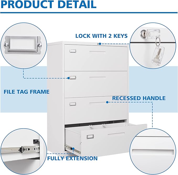4 Drawer File Cabinet with Lock Metal Lateral File Storage Cabinet Office Home - Image 7