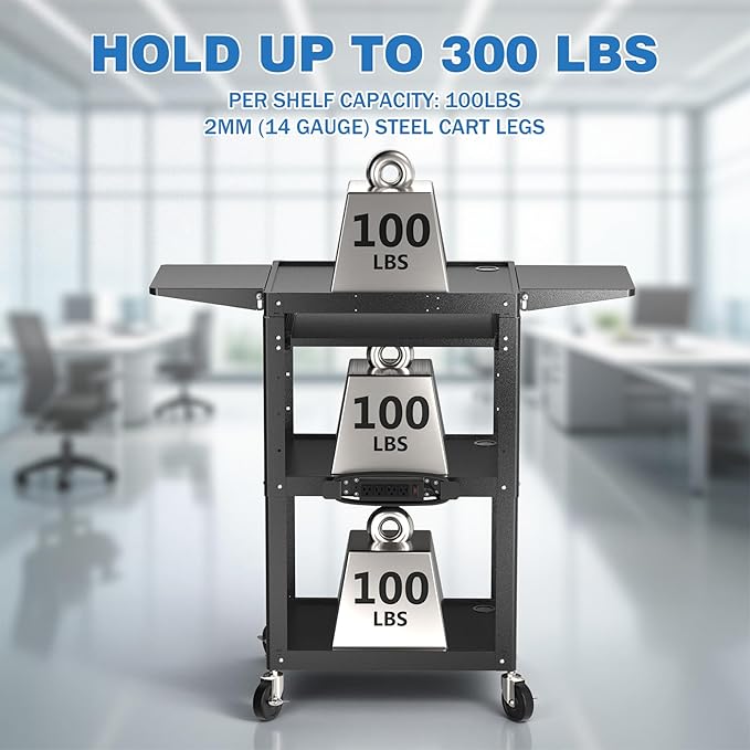 Large Steel AV Cart with Power Strip & Drop Leaves - Image 7