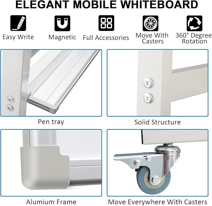40" x 28" Mobile Dry Erase Whiteboard Double-Sided White Boards on Wheels - Image 4