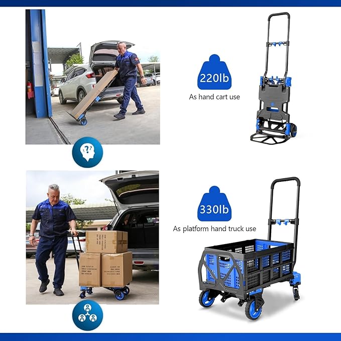 2 in 1 Hand Truck Dolly Foldable, 330LB Folding Hand Truck Heavy Duty Carrying - Image 4
