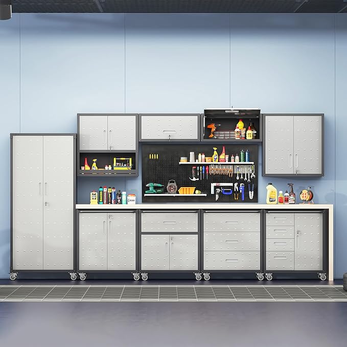 Wall Mounted Cabinet with Locking Doors, Open Shelf, Metal Hanging Garage - Image 2
