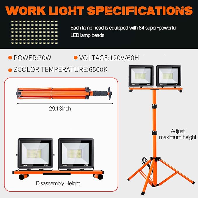 21000 Lumen Work Lights with Stand, 3 Adjustable Head LED Work Light, with - Image 5