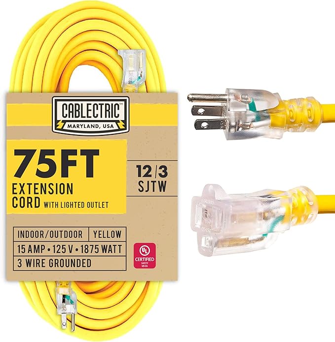 12 Gauge Outdoor Extension Cord 75 ft, 12/3 Heavy Duty Extension Cord 3 Prong by Cablectric