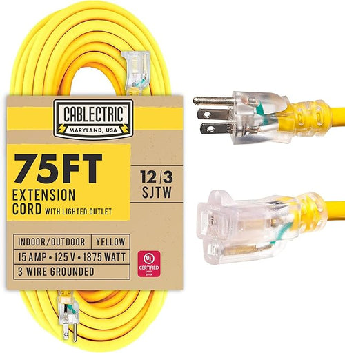 12 Gauge Outdoor Extension Cord 75 ft, 12/3 Heavy Duty Extension Cord 3 Prong by Cablectric