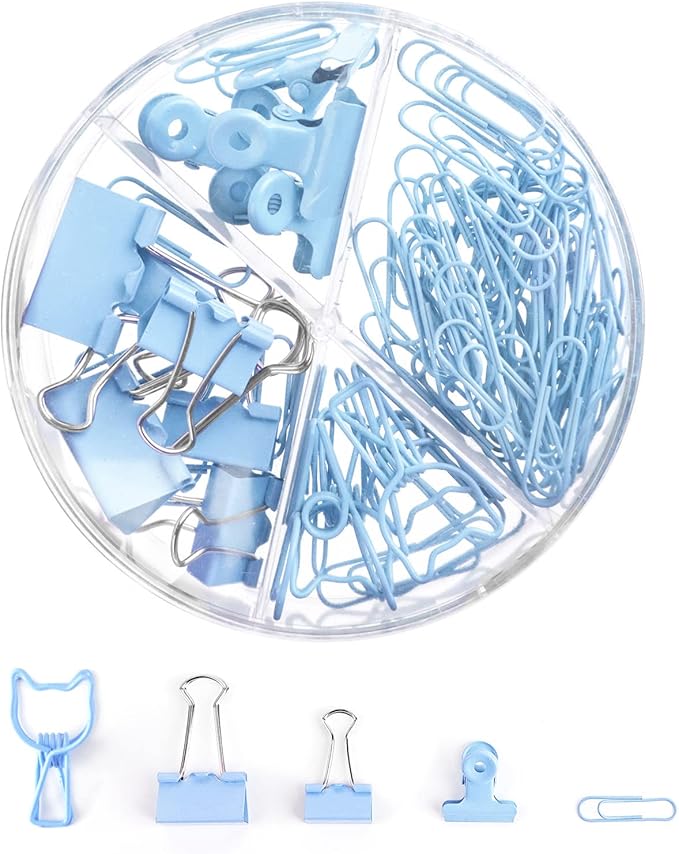 Blue Paper Clips and Binder Clips Set, Metal Assorted Sized Binders by CREECHWA