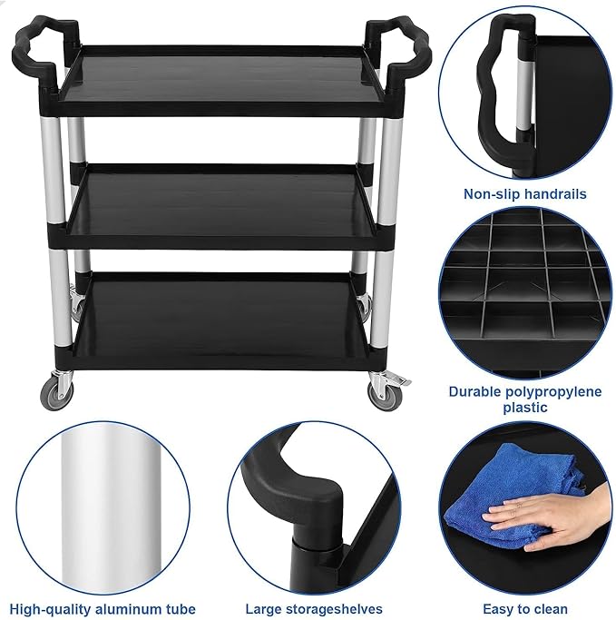 Heavy Duty 360 Restaurant Cart, 3-Shelf Plastic, Lockable Wheels, Extra Large - Image 6