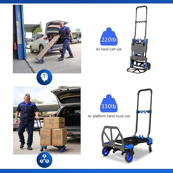 2 in 1 Hand Truck Dolly Foldable, 330LB Folding Hand Truck Heavy Duty Carrying - Image 3