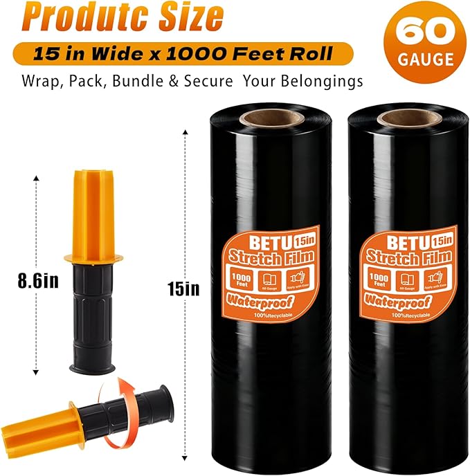 Black Stretch Film Shrink Wrap for Moving Supplies x 1000ft, Industrial - Image 2