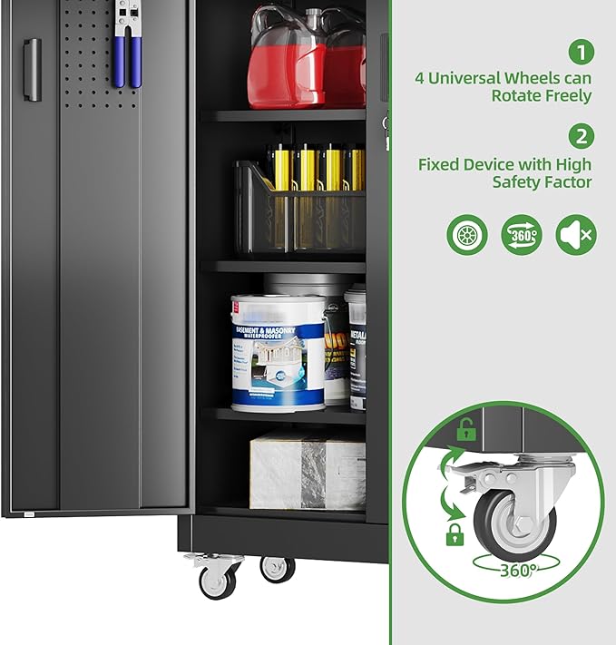 Metal Storage Cabinet with Wheels and Pegboard, Assembly Required - Image 6
