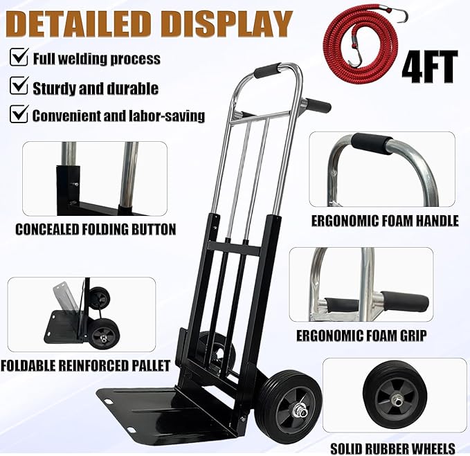 800 LB Dolly Cart with 8" Solid Rubber Wheels, Heavy Duty Folding Hand Truck - Image 4