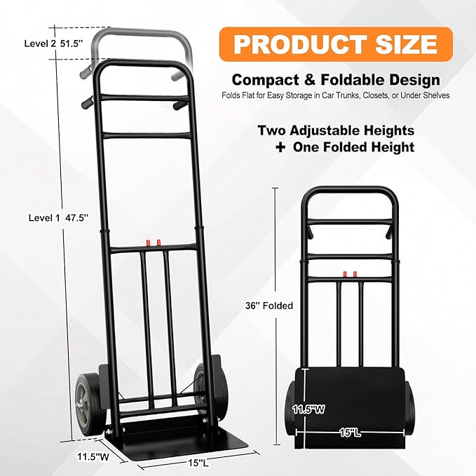 Folding Hand Truck Heavy Duty, 600 LB - 800 LB Moving Dolly Cart - Image 2