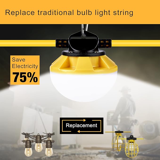 3-Prong 100FT Construction String Lights, IP65 Waterproof ETL Certified String - Image 5