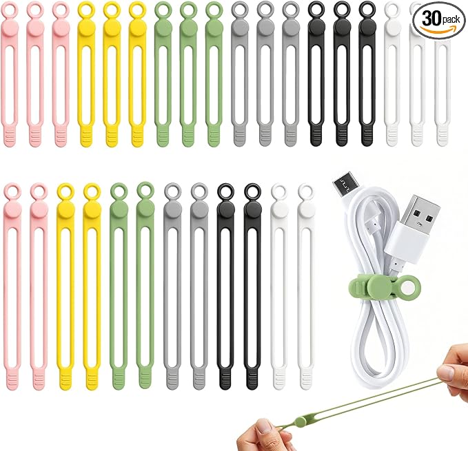 30 Pcs Silicone Cable Ties, Reusable Data Cable Organizer Wire Organizers by AWROSE