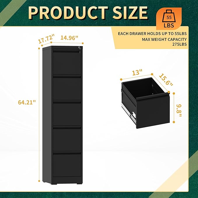 5 Drawer File Cabinet with Lock, Steel Vertical Filing Storage Cabinet - Image 3