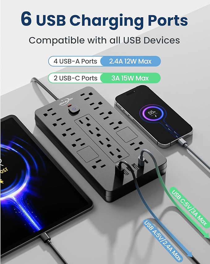 Surge Protector Power Strip-14 Outlets and 6 USB Ports, 6 Feet Flat Plug - Image 3