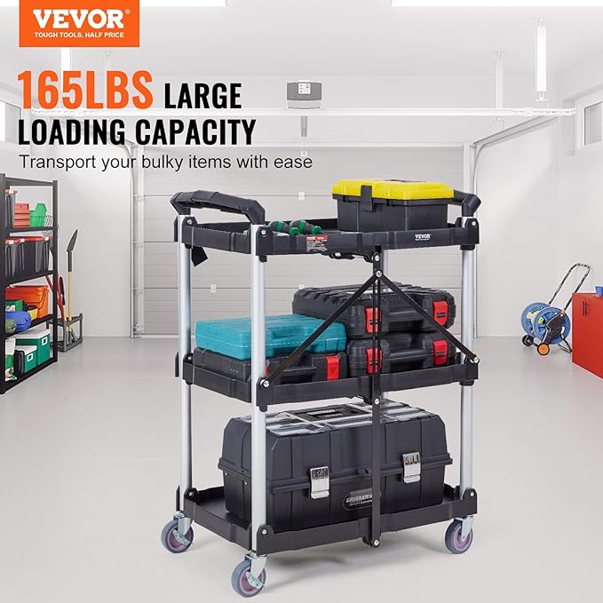 VEVOR Foldable Utility Service Cart, 165LBS 3 Shelf Heavy Duty Plastic Rolling - Image 3