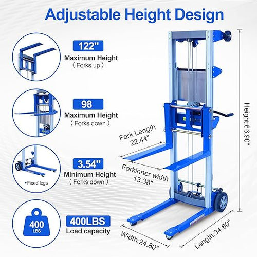 122" 400lbs Material Lift Winch Stacker, Hand Winch Lift Truck - Image 2