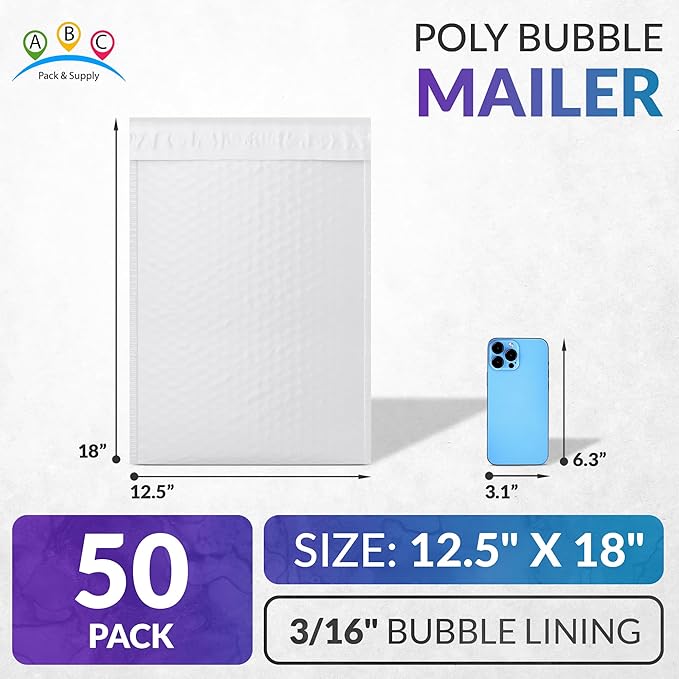 ABC PACK & SUPPLY Poly Bubble Mailers, 12.5 x 18 Inch. Pack of 50 White Padded - Image 2