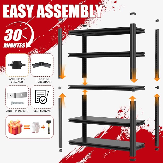 63" H Heavy Duty Garage Shelving, Metal Storage Shelves, Adjustable 5 Tier - Image 7