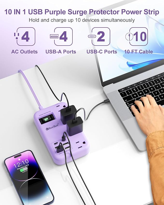 6 USB Purple Surge Protector Power Strip- 10 Ft Purple Extension Cord - Image 4