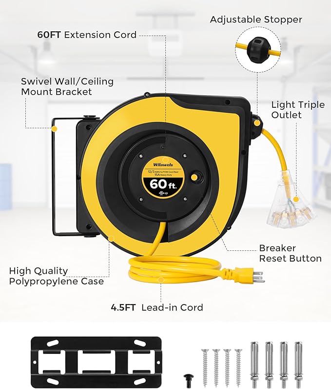 Retractable Cord Reel, 60 FT Heavy Duty Extension Cord, 12AWG/3C SJTOW - Image 8