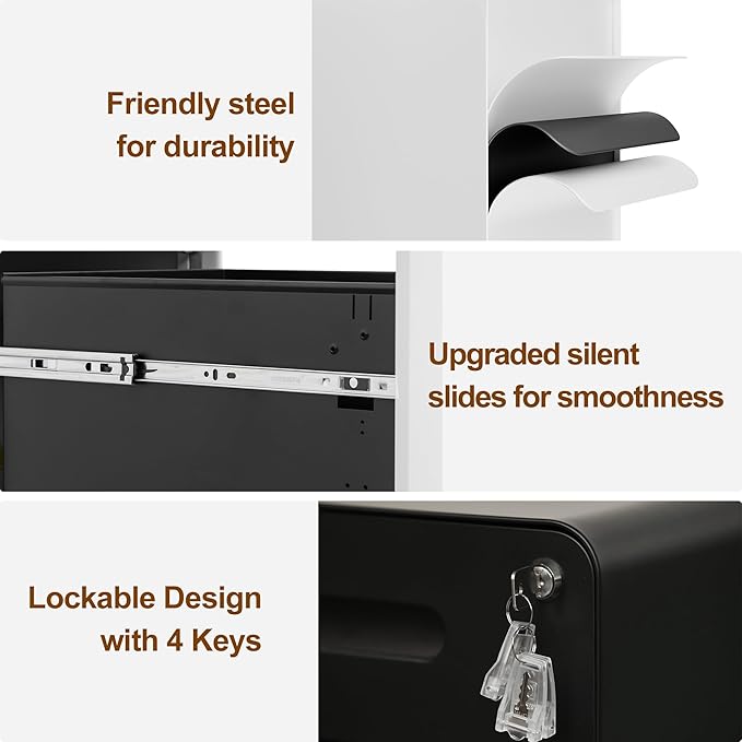 2 Drawer File Cabinet with Lock and 4 Keys, Mobile Metal Filing Cabinet - Image 4