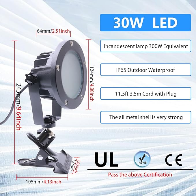 Clip Floodlight 30W LED Work Light IP65 Waterproof 300W Equivalent 11.5ft 3.5m - Image 2