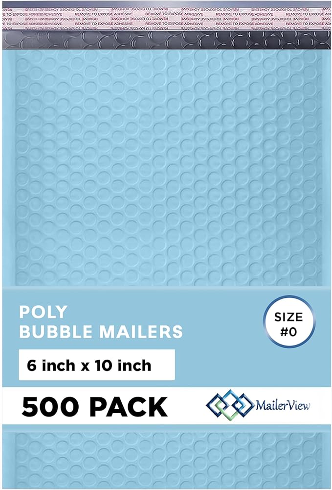 Light Blue Small Poly Bubble Mailers 6x10 inch #0 | Self Seal Padded Envelopes by MAILERVIEW