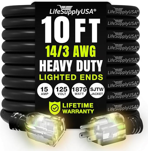 10ft Outdoor/Indoor Extension Cord 14/3 Gauge Heavy Duty 3 Prong SJTW, by LifeSupplyUSA