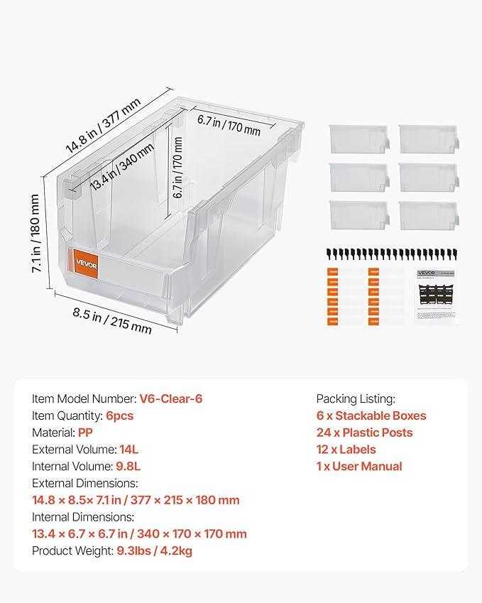 VEVOR Plastic Stackable Storage Bins, 14.8 x 8.5 x 7.1 inch, Plastic Containers - Image 7