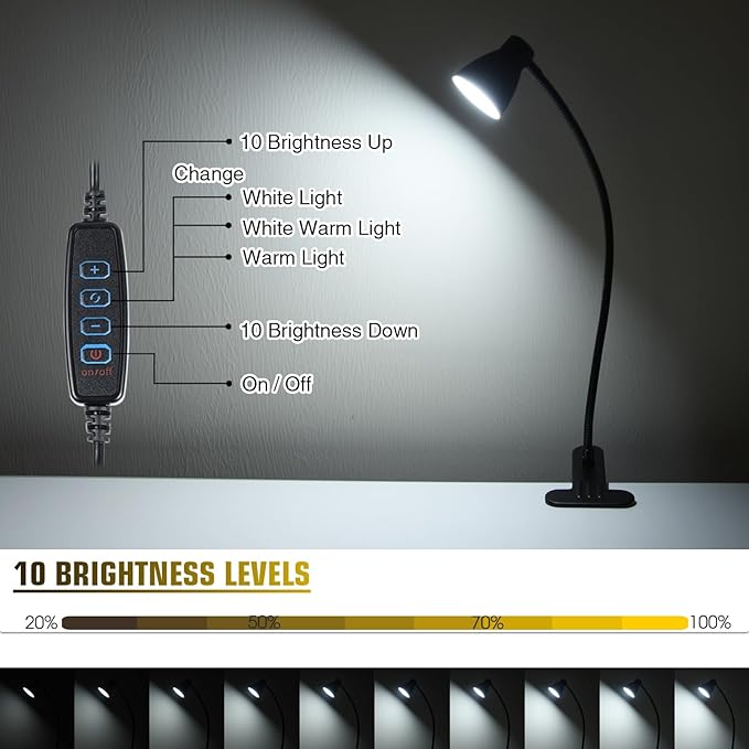 Clamp Desk Lamp, Clip on Reading Light, 3000K-6500K Adjustable Color Temperature - Image 3
