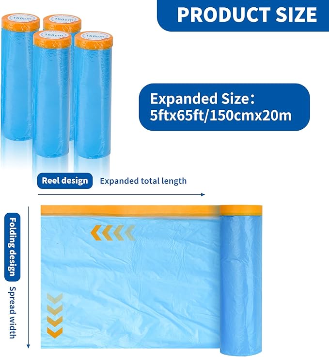 Pre-Taped Automotive Masking Film 4 Pack 59 in x 65 feet Rolls, Tape and Drape - Image 2