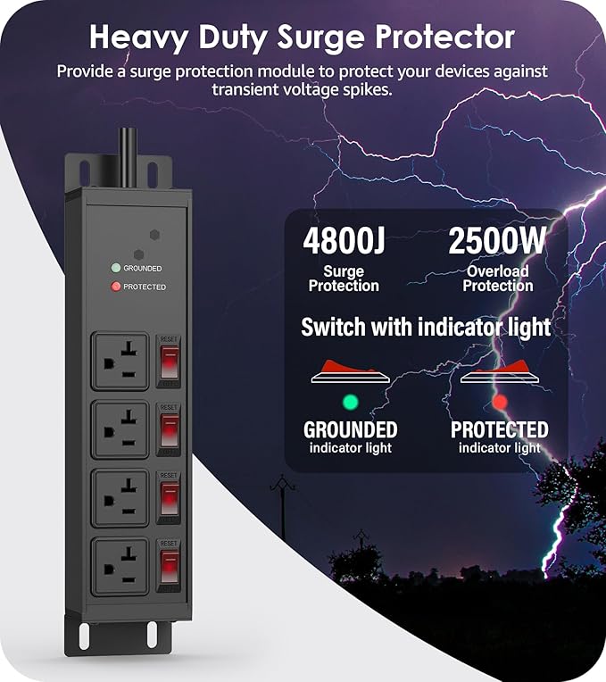 CCCEI Heavy Duty Surge Protector Power Strip 20 Amp Individual Switches. 25FT - Image 2