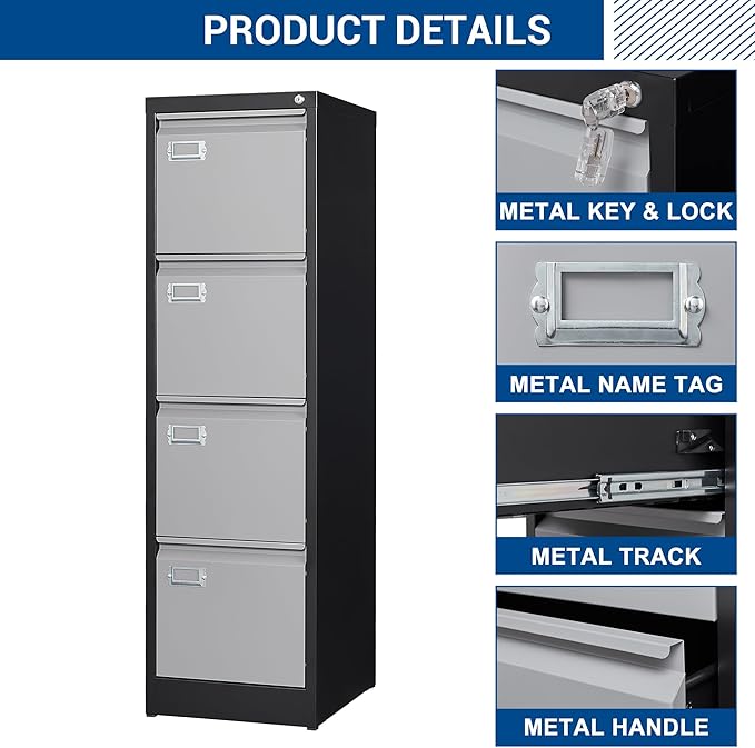 File Cabinets - 4 Drawers Vertical 17.8" Deep Lockable Filing Cabinet - Black & - Image 5