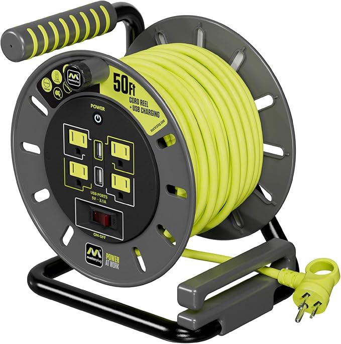 Masterplug 50ft Cord Reel, Retractable Extension Lead by Masterplug