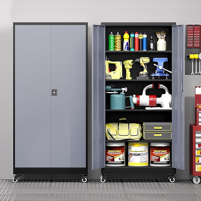 Metal Garage Cabinet with Wheels, Tall Storage Cabinet with 4 Adjustable by LISSIMO