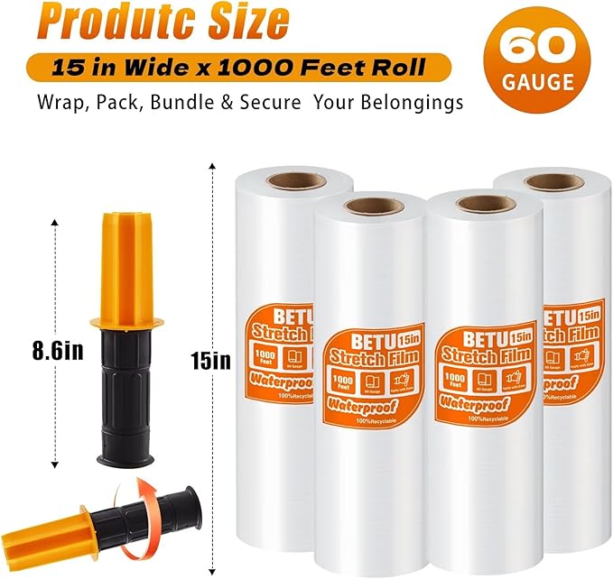 Stretch Film Shrink Wrap for Moving Supplies x 1000ft, Industrial Strength - Image 2
