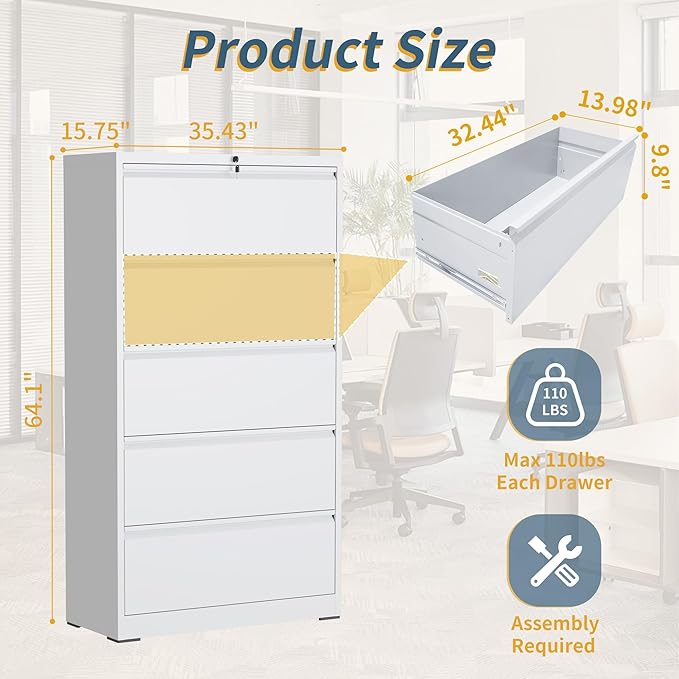 5 Drawer File Cabinet with Lock, Lateral Filing Cabinets, Metal Storage Filing - Image 3