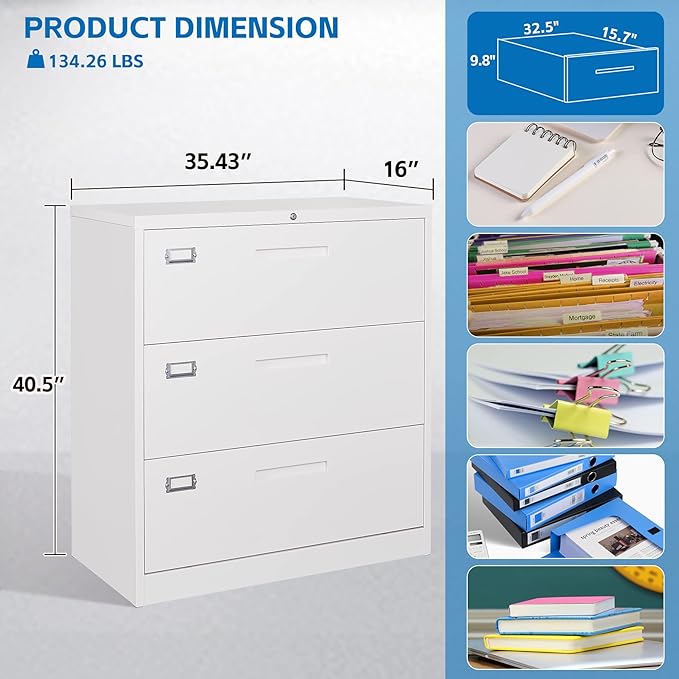 Lateral File Cabinet 3 Drawer, Metal Storage File Cabinet - Image 2