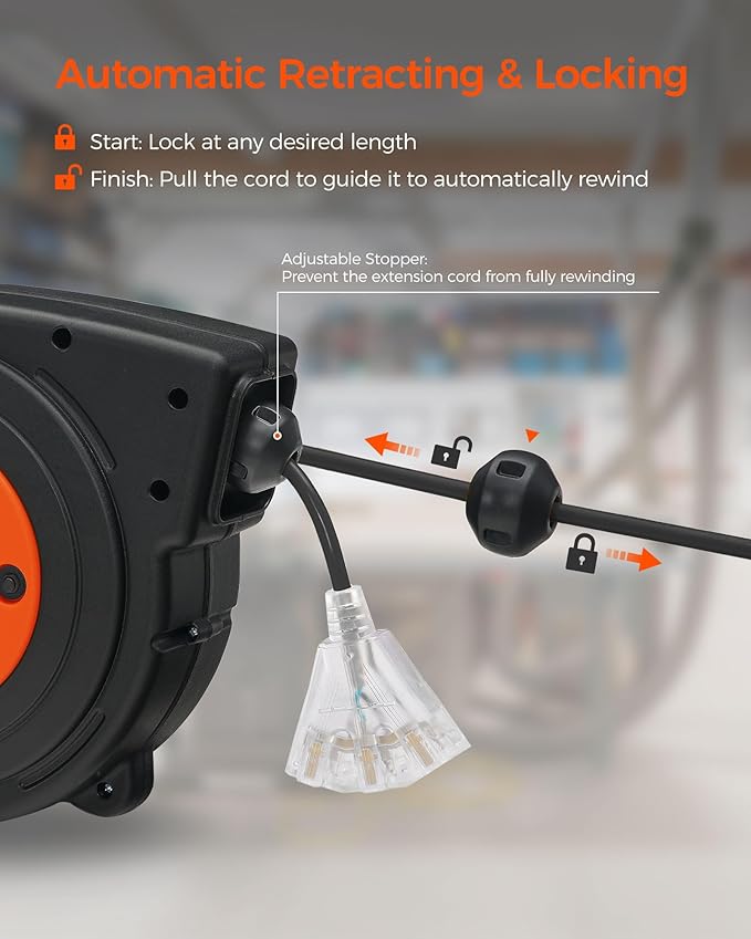 Retractable Extension Cord Reel, 45 FT Heavy Duty Power Cord, 12AWG/3C SJTOW - Image 3