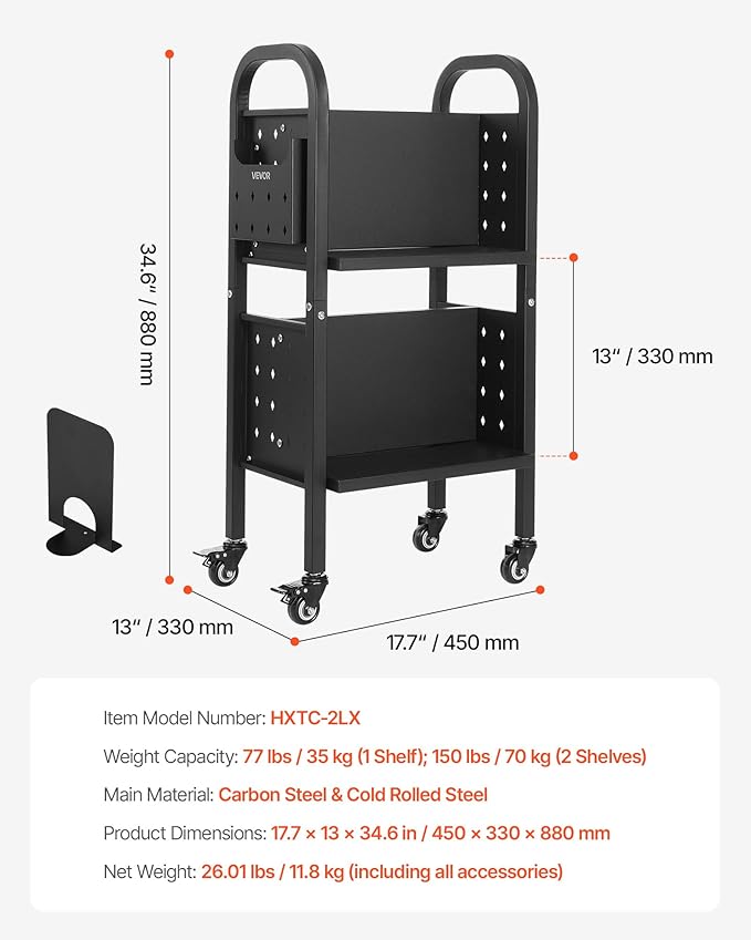 VEVOR Rolling Library Book Cart, 150 lbs Capacity, 17.7 x 13.0 x 34.6-Inch - Image 7