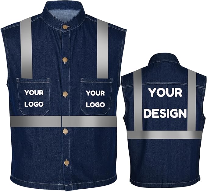 YOWESHOP Men's Reflective Safety Denim Vest，Custom Safety Outdoor Denim Work by YOWESHOP