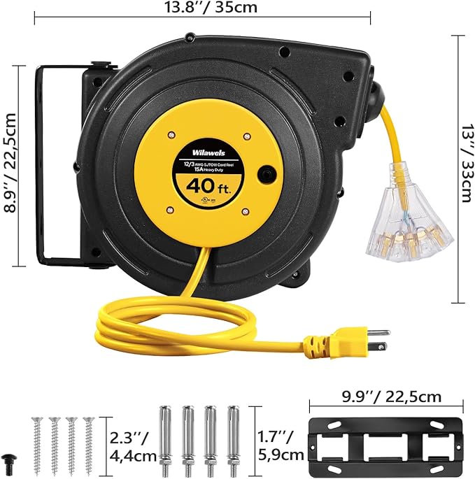 Retractable Extension Cord Reel, 40 FT Heavy Duty Power Cord, 12AWG/3C SJTOW - Image 8