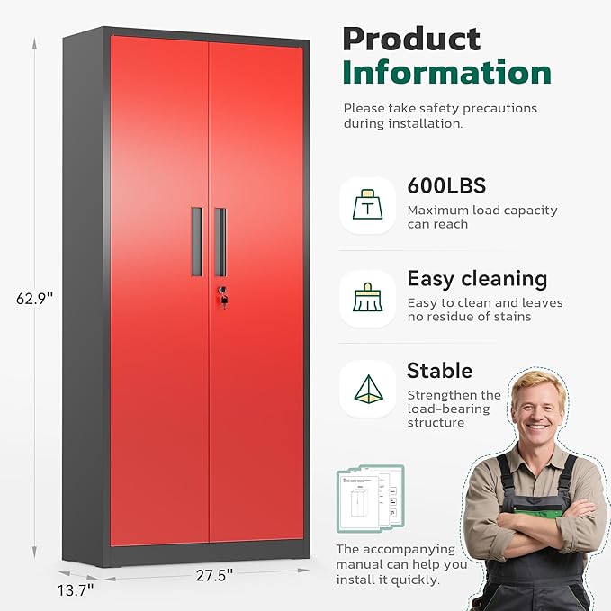 Greenvelly 63" H Metal Storage Cabinet Black Red, Locking Metal Cabinet - Image 2