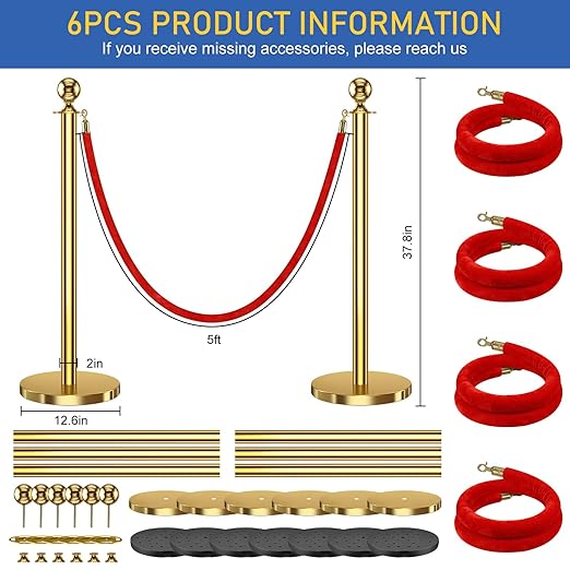 6 PCS Stanchions and Velvet Ropes, Stainless Steel Poles - Image 2