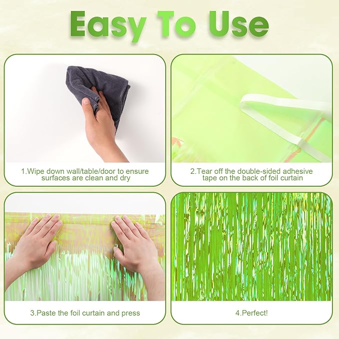 3 Pack 3.3x8.2 Feet Neon Green Foil Fringe Backdrop Curtains, Tinsel Streamers - Image 4