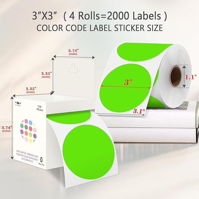 PARLAIM 3" Diameter Round Light Green Color Coding Sticker, 4 Rolls 2000PCS - Image 2